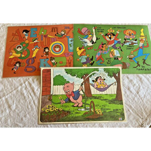 Vintage Placemats Childrens Coated Set 3 1970s Porky Pig Alphabet Nursery Rhymes